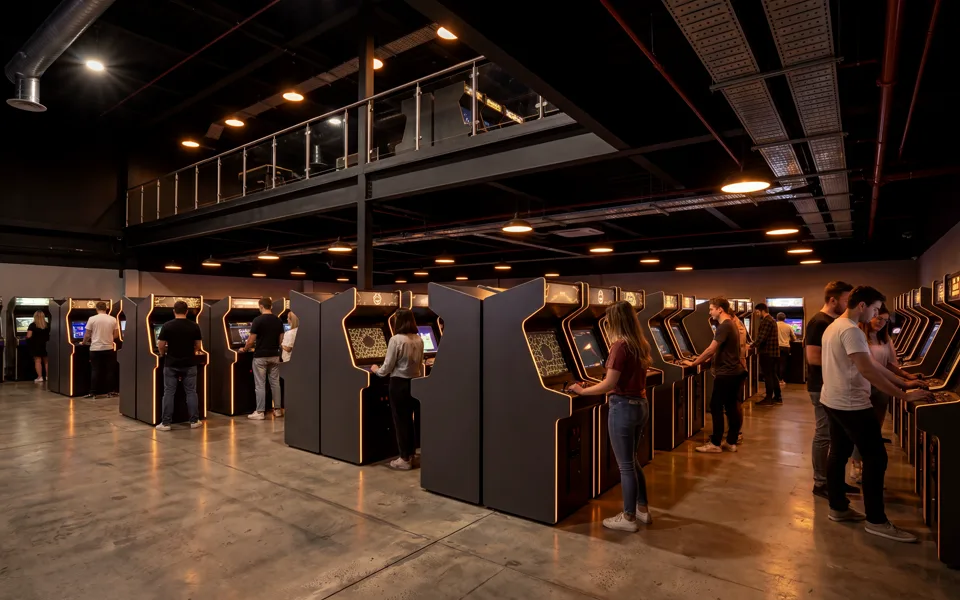 The NIGHTSHIFT main floor at night: rows of charcoal arcade cabinets edged in amber light, players at the machines beneath a dark mezzanine.
