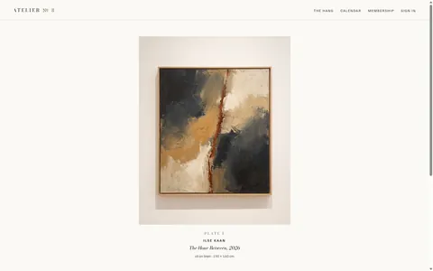 The ATELIER № 8 frontispiece: one abstract painting centred on near-white, a catalogue caption beneath.