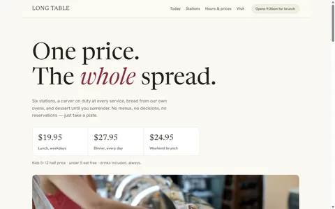 The LONG TABLE homepage: &lsquo;One price. The whole spread.&rsquo; in large serif type over a three-price strip.