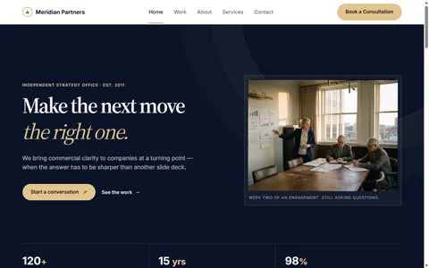The Meridian Partners homepage: a navy hero beside a photograph of three advisers mid-session.