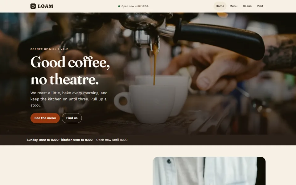 The LOAM homepage: the words &lsquo;Good coffee, no theatre.&rsquo; over a warm photograph of espresso running into two white cups.