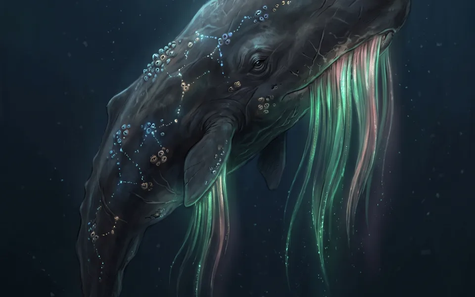 A FATHOM specimen plate: a vast whale trailing curtains of aurora light through dark water.