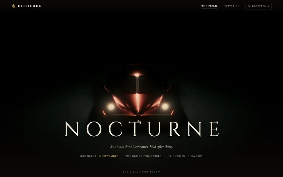 The NOCTURNE homepage: the word &lsquo;NOCTURNE&rsquo; in engraved serif caps beneath a machine materialising from total darkness, its lamps the only light.