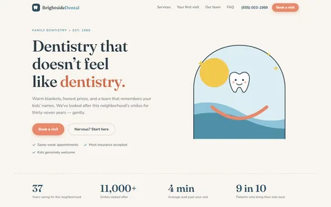 The Brightside Dental homepage: a cream hero with an illustrated arched window, a happy tooth, and a booking button.