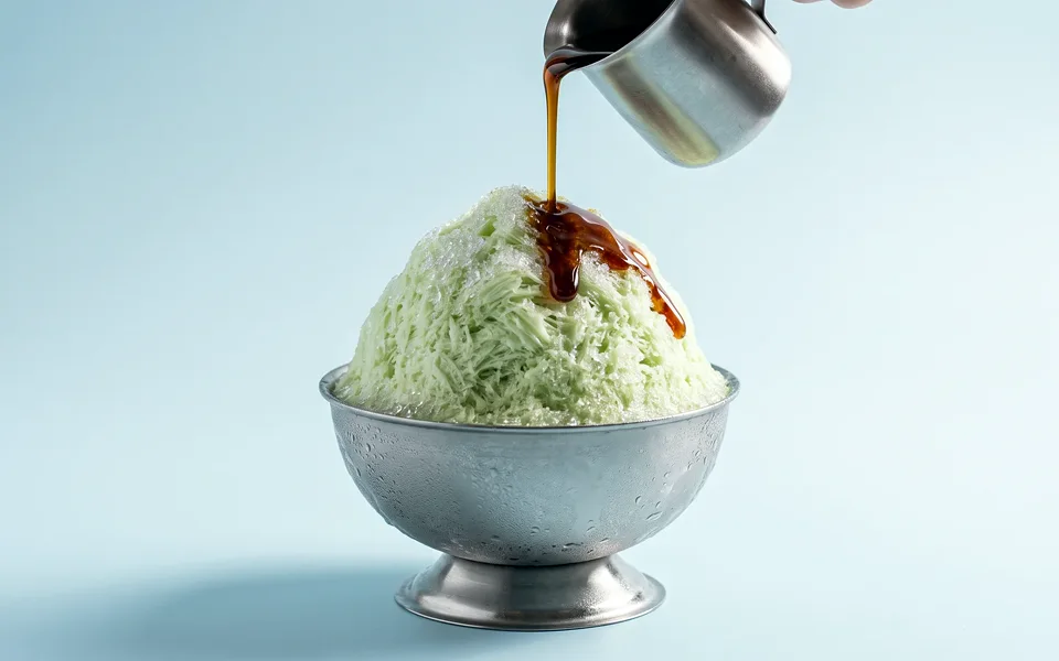 The SEJUK&deg; homepage: dark palm-sugar syrup pouring from a steel jug onto a peak of pale green pandan shaved ice.