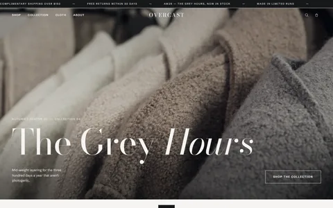 The OVERCAST homepage: a wintry hero photograph behind the words &lsquo;The Grey Hours&rsquo; set in high-contrast serif.