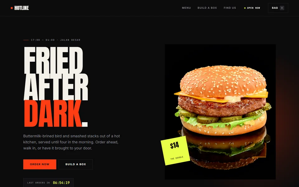 The HOTLINE homepage: the words &lsquo;Fried after dark&rsquo; in heavy condensed type beside a burger lit on black.