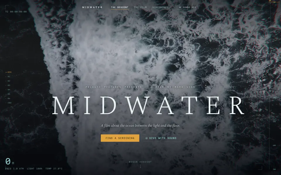 The MIDWATER homepage: the word &lsquo;MIDWATER&rsquo; in thin tracked serif over a dark churning sea, framed by faint cyan instrument marks and a depth readout of zero metres.