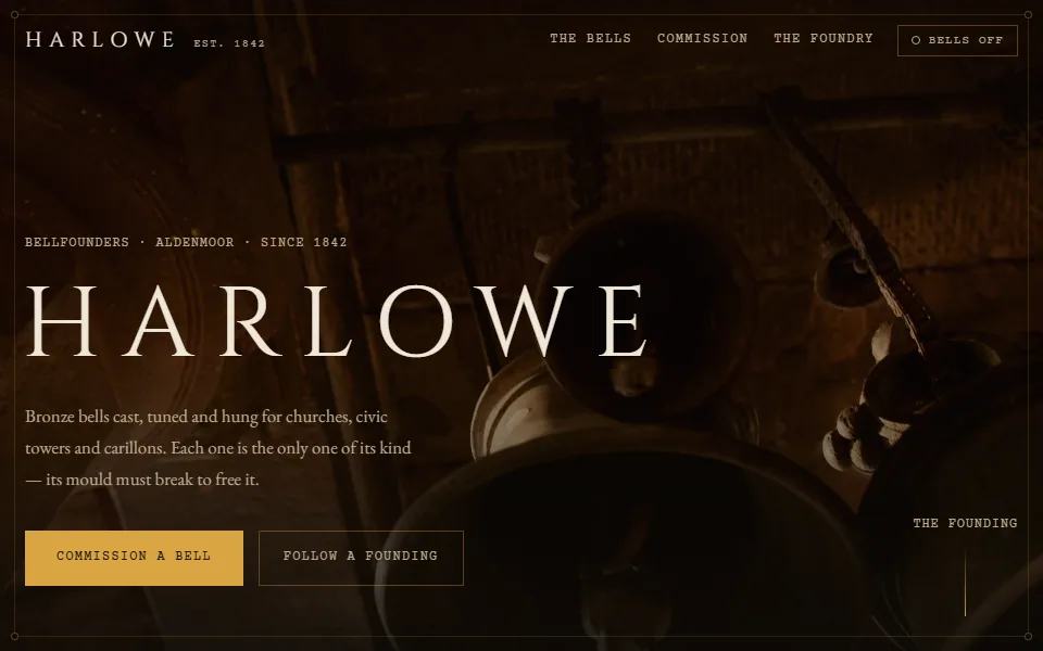 The HARLOWE homepage: the word &lsquo;HARLOWE&rsquo; in wide inscriptional capitals over dark bronze bells hanging in shadow, framed by a thin bronze hairline with a bronze &lsquo;Commission a bell&rsquo; button below.