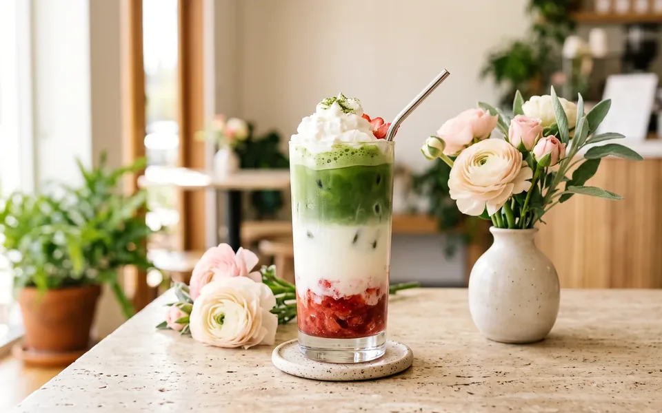 The GIG Cafe homepage: &lsquo;Comfort food, in full bloom&rsquo; beside a layered strawberry-matcha drink and blush flowers on a porcelain layout.