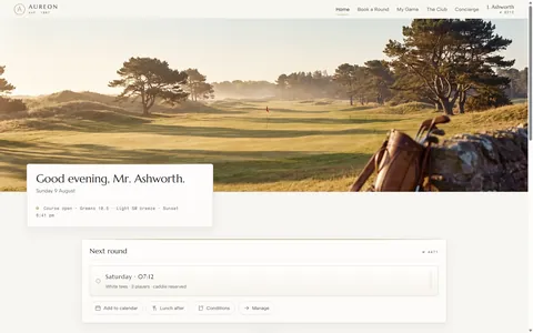 The AUREON member home: a greeting plate over a sunlit links course in warm vintage-film tones.
