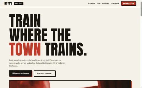 The HOYT'S homepage: &lsquo;Train where the town trains&rsquo; in huge poster type, &lsquo;town&rsquo; in red.