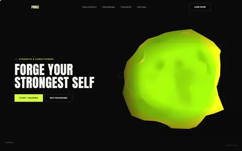 The FORGE homepage: a glowing low-poly form beside &lsquo;Forge your strongest self&rsquo;.