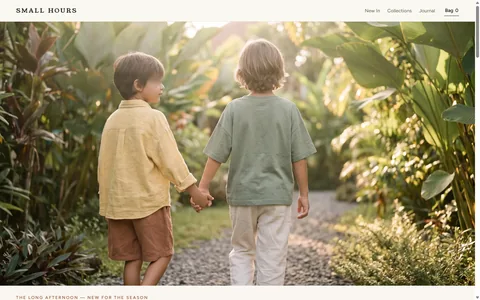 The SMALL HOURS homepage: two children walk a sunlit garden path under a quiet serif wordmark.