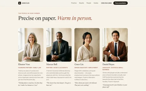 The AMICUS attorney page: four portraits under the words &lsquo;Precise on paper. Warm in person.&rsquo;