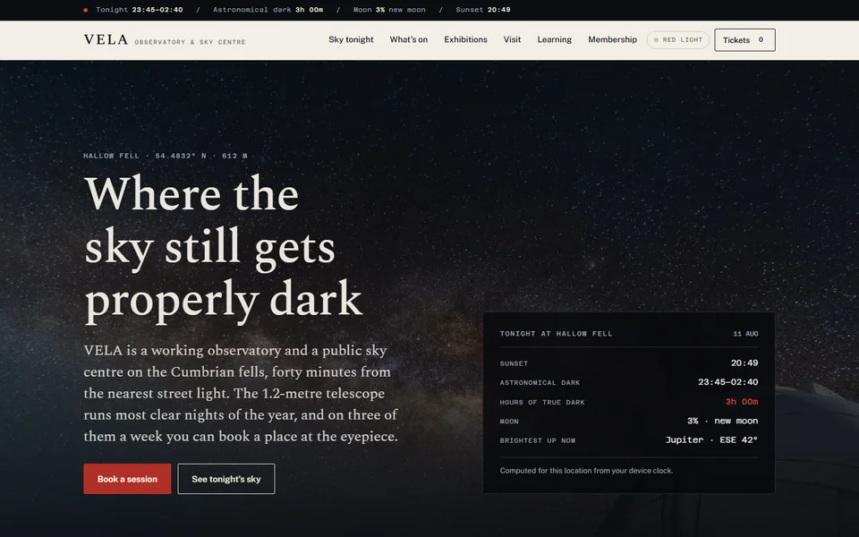 The VELA homepage: the words &lsquo;Where the sky still gets properly dark&rsquo; over a starlit observatory dome, beside a panel of tonight&rsquo;s computed sunset and darkness times.