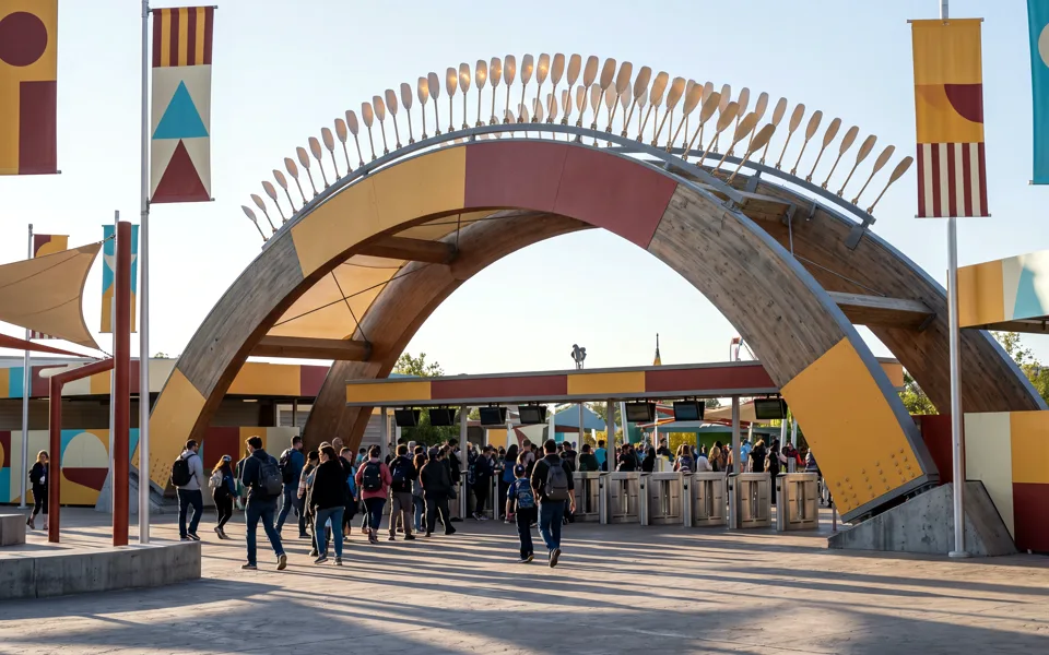 The WONDERYARD gate at morning: a huge timber arch crested with a wave of kinetic paddles, crowds streaming through beneath abstract-symbol flags.