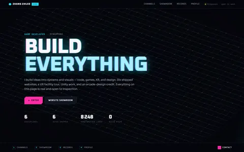 Zhang Zhijie&rsquo;s portfolio: a neon lattice behind the words &lsquo;Build everything&rsquo;.