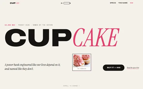 The CUPCAKE homepage: the word CUPCAKE filling the screen, half ultra-black sans, half pink italic serif.