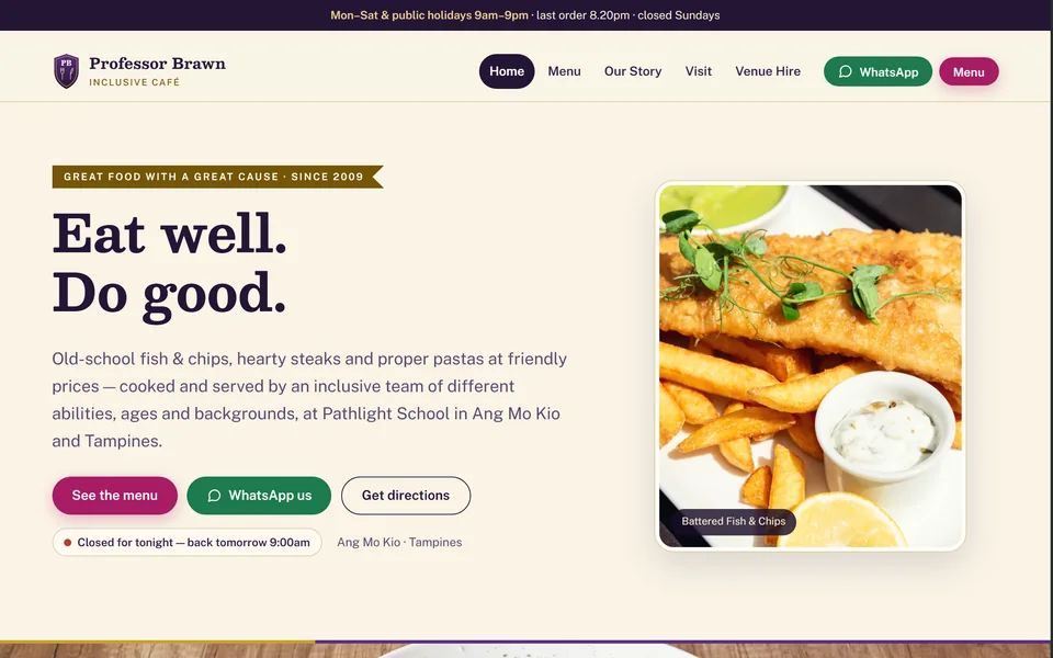 The Common Ground Caf&eacute; homepage: the words &lsquo;Eat well. Belong here.&rsquo; beside a plate of battered fish and chips, over a warm parchment layout.