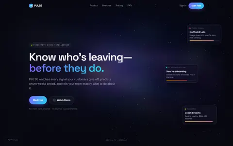 The PULSE landing page: a dark starfield hero over a product dashboard.