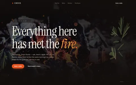 The EMBER homepage: a wood-fire hero with drifting embers.