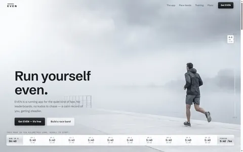 The EVEN homepage: a runner in silver fog above a laminated pace-band strip of ten 5:40 splits.