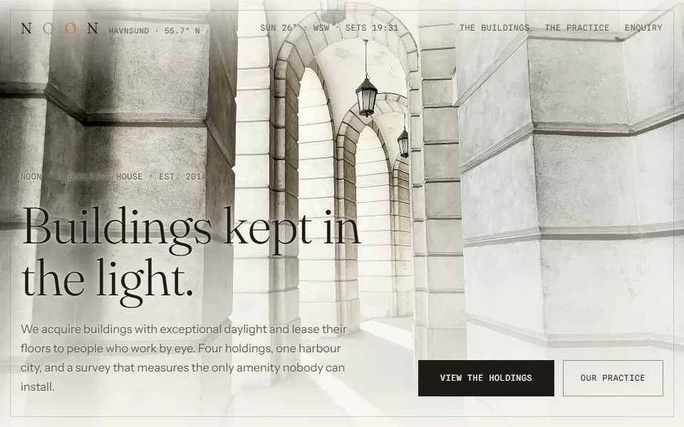 The NOON homepage: the words &lsquo;Buildings kept in the light.&rsquo; in a light serif over a bright stone arcade raked by sun, with a live solar readout in the header.