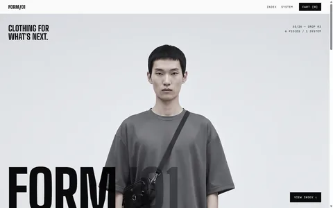 The FORM/01 hero: a model in oversized grey techwear filling the screen, the giant word FORM/01 overlapping him.