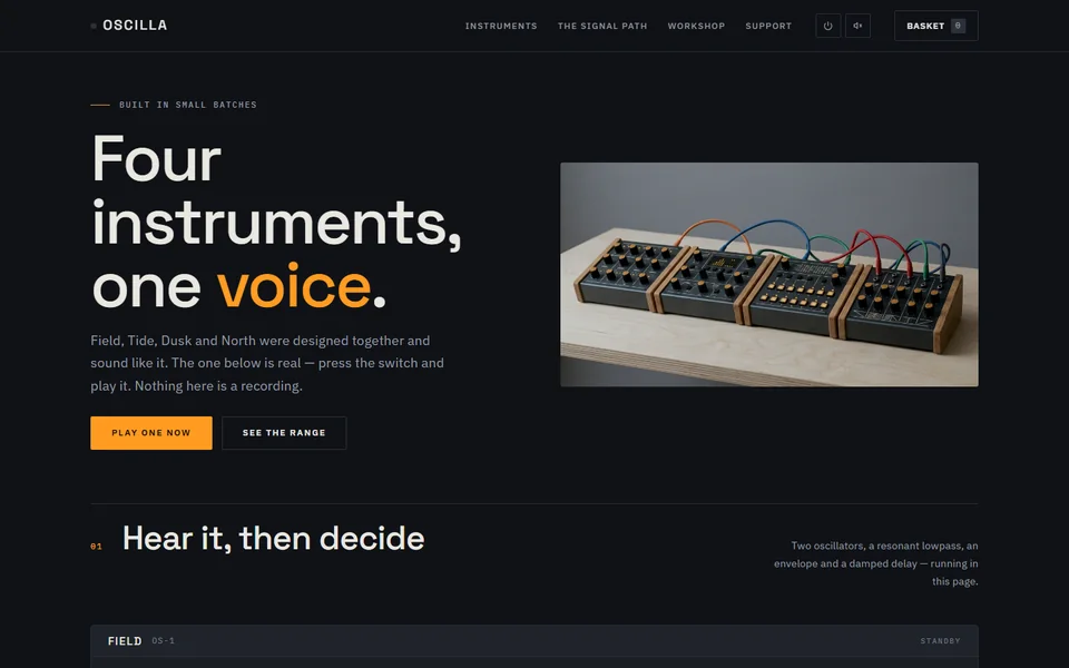 The OSCILLA homepage: the words &lsquo;Four instruments, one voice&rsquo; in white and amber beside four synthesizers on a bench.