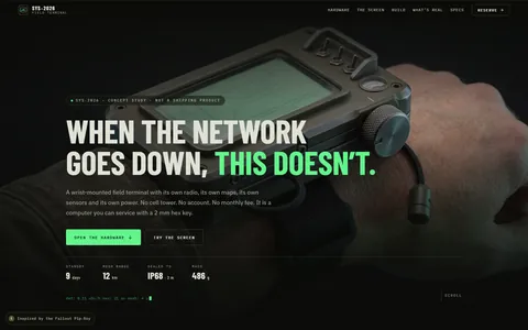The SYS-2026 launch page: a machined field terminal on a forearm behind the words &lsquo;When the network goes down, this doesn&rsquo;t.&rsquo;