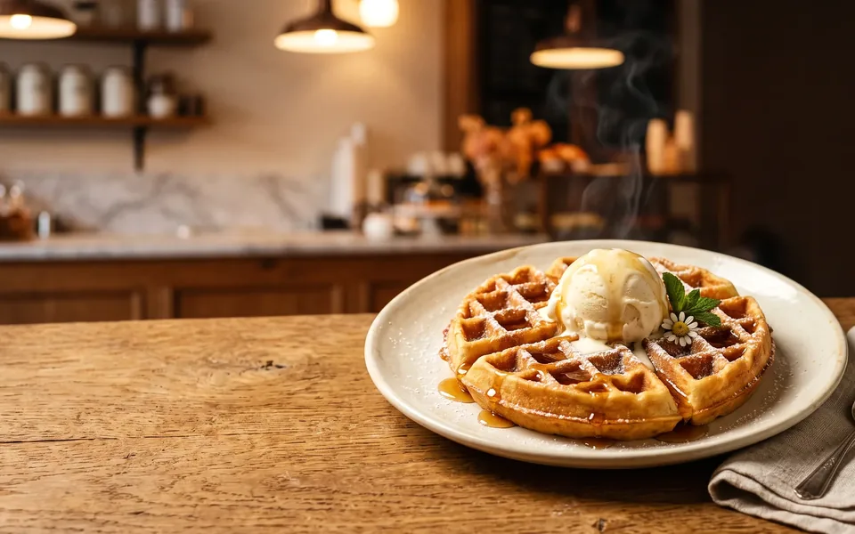 The Three's A Crowd homepage: &lsquo;Hot waffle, cold scoop&rsquo; in chunky caramel and pistachio type beside a waffle with melting gelato on a warm evening counter.