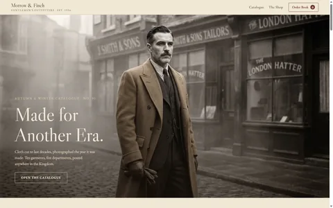 The MORROW & FINCH cover: a man in a camel overcoat on a foggy 1930s street beside &lsquo;Made for Another Era&rsquo;.