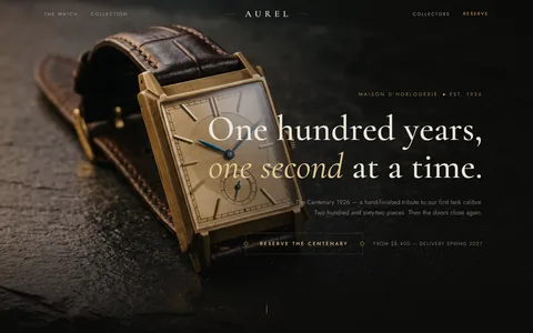 The AUREL homepage: an art-deco gilt watch on dark slate beside the words &lsquo;One hundred years, one second at a time.&rsquo;