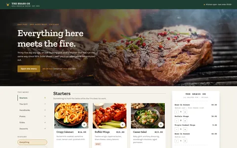 THE BRASS OX ordering page: ribeyes over open flame behind &lsquo;Everything here meets the fire&rsquo;, with a menu board and a kitchen ticket below.