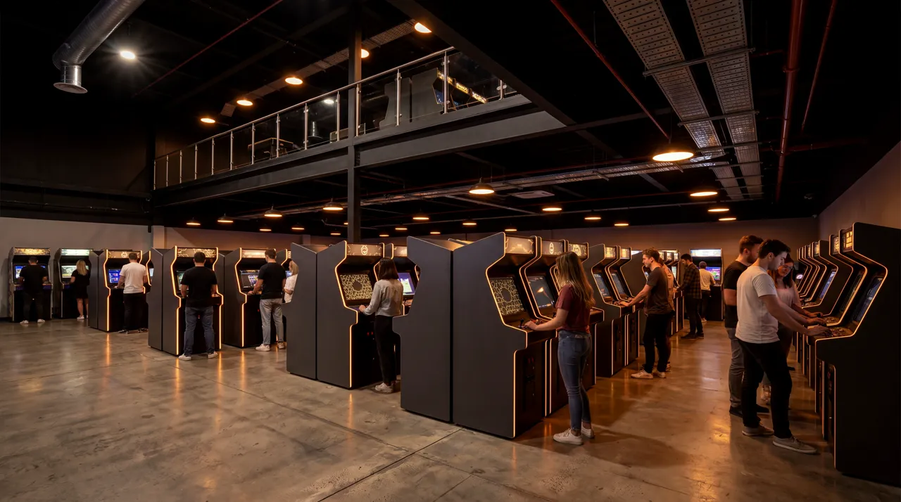 The NIGHTSHIFT main floor at night: rows of charcoal arcade cabinets edged in amber light, players at the machines, a mezzanine above.