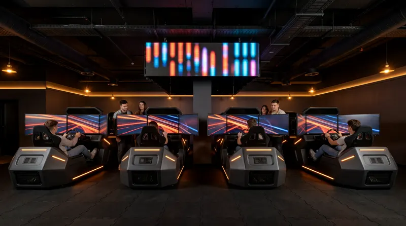 Four enclosed racing pods with triple screens mid-race, spectators behind, the leaderboard glowing overhead.