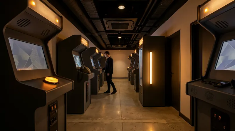 The SIDEQUEST corridor: a row of small, unusual cabinets — one with a single oversized button, one with a rotary telephone — a visitor browsing.