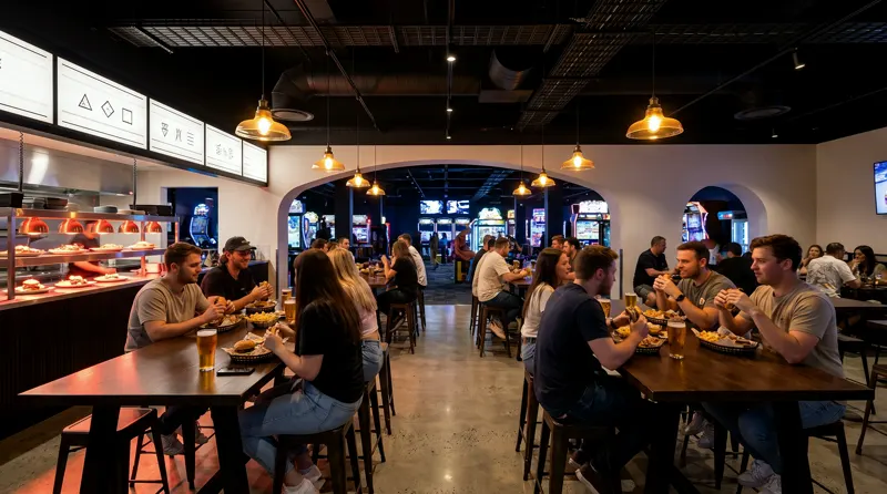 TABLE at full service: friends over burgers and baskets at dark-wood tables, the glowing arcade floor through the archway beyond.
