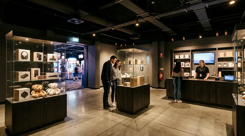 The prize gallery: glass cases on plinths under warm spotlights, a couple browsing, staff at the redemption counter.