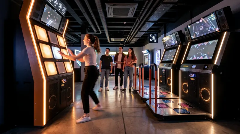 A player mid-move on the nine-pad rhythm wall, pads glowing amber, friends watching from the rail.