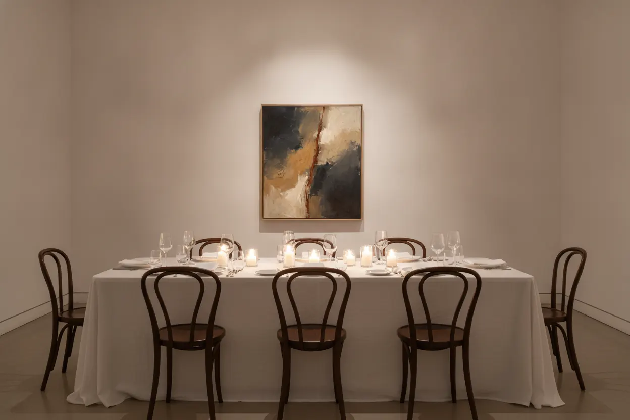 A long table set for twelve in candlelight beneath one large lit painting in the gallery.