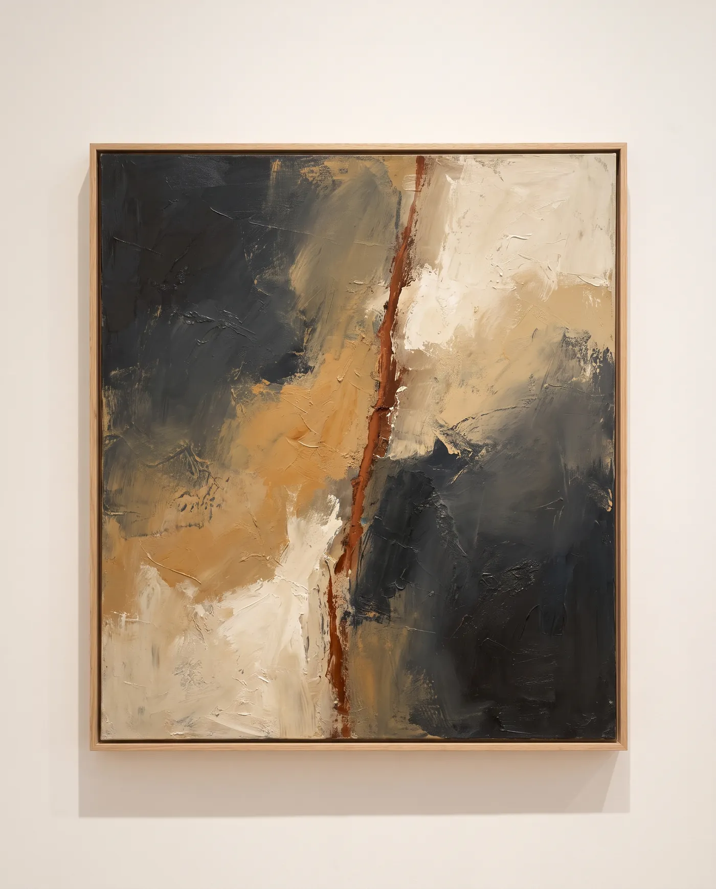 A large abstract oil painting in a thin oak frame: fields of charcoal, ochre and bone white with one seam of burnt sienna.