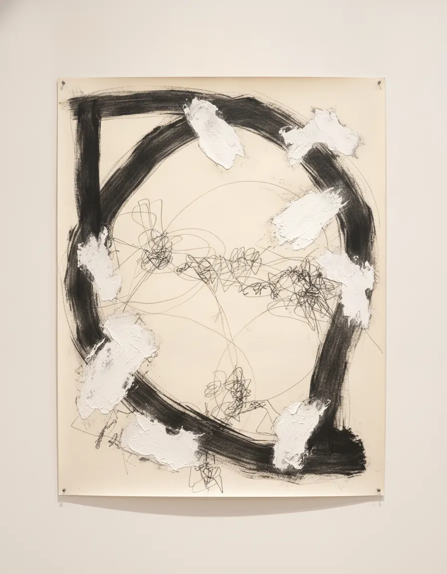 Sweeping charcoal and gesso drawing on cream paper, pinned unframed with steel pins.