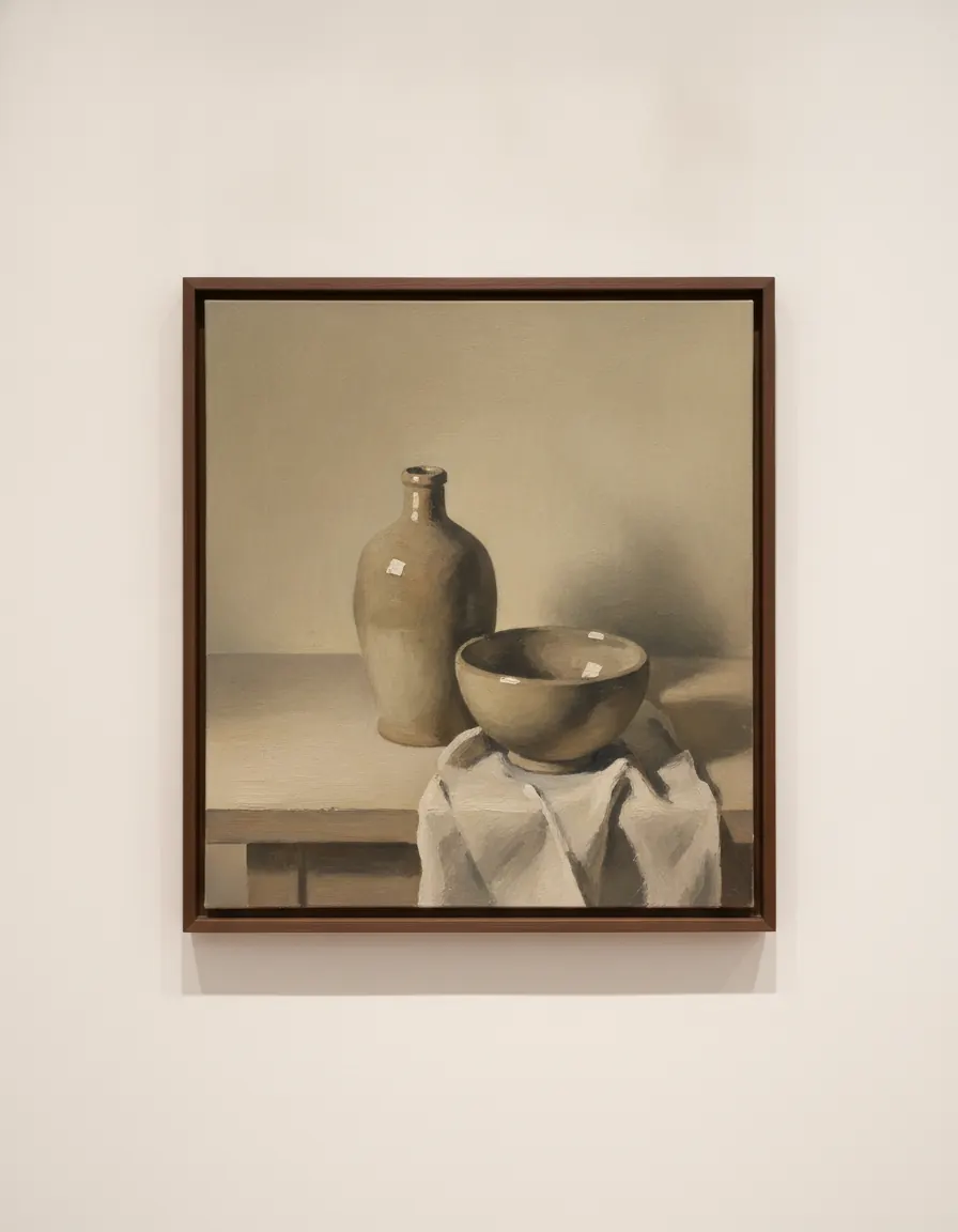 Quiet still life in a walnut frame: two stoneware vessels and folded linen in muted umber light.