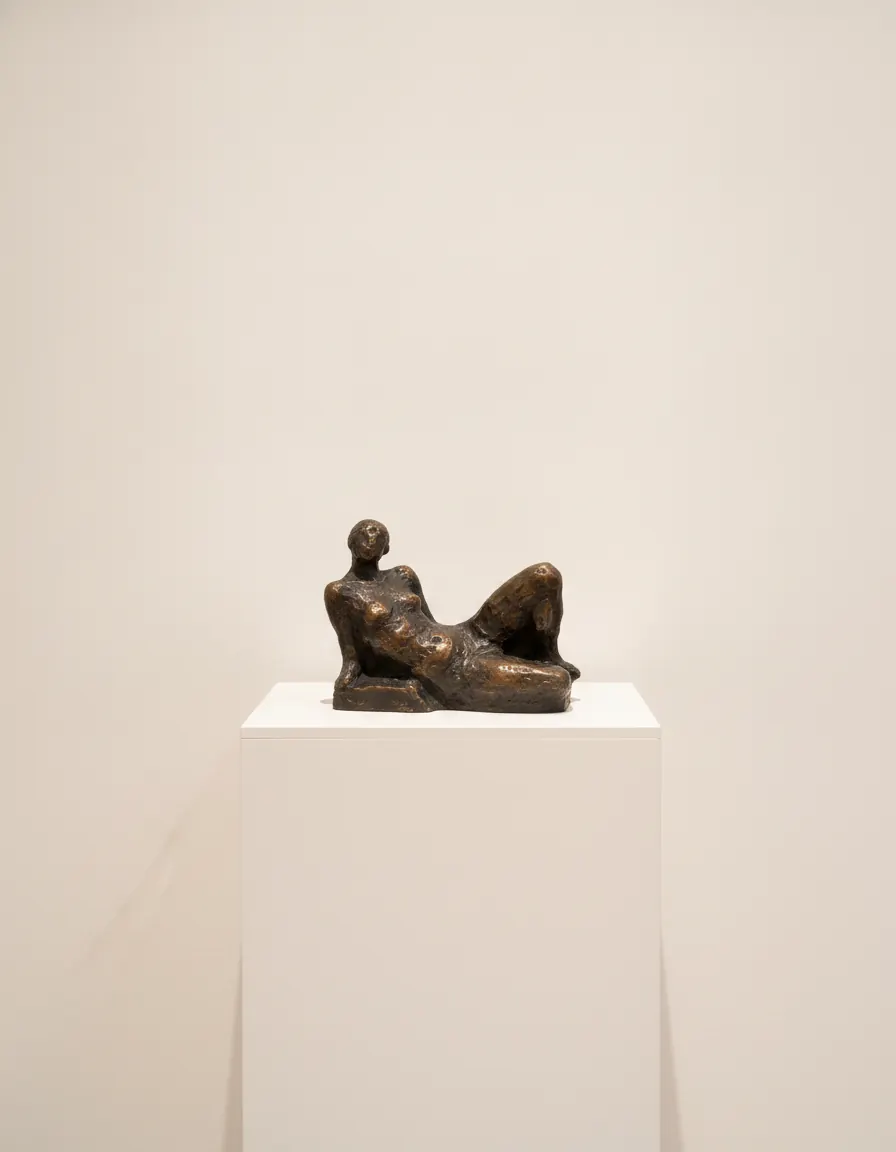 Small dark bronze of an abstracted reclining form on a white plinth, champagne-brown patina.