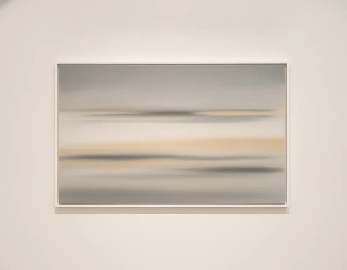 Wide field painting: bands of fog grey, bone and pale champagne dissolving into one another.