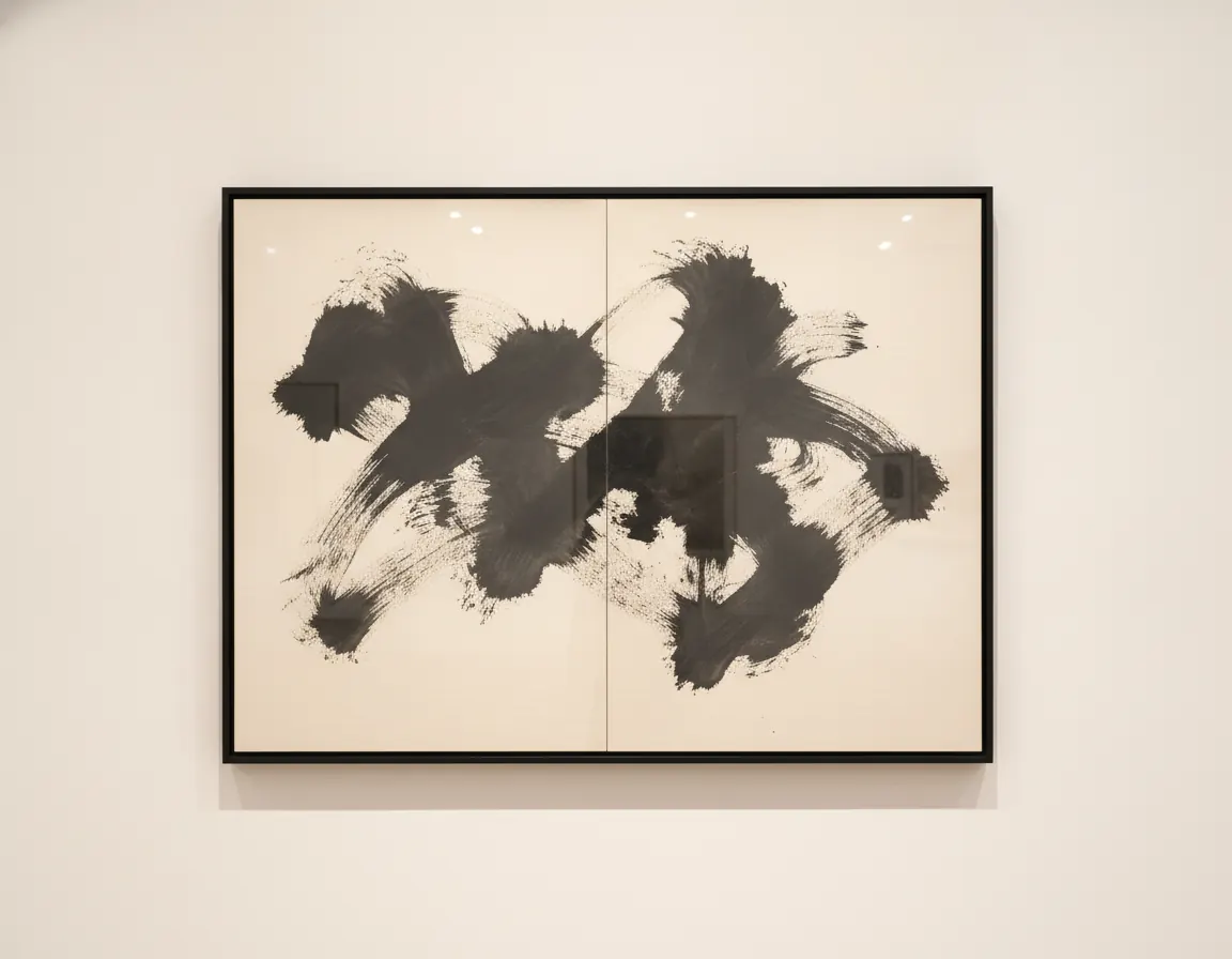 Two-panel sumi ink diptych behind glass: bold dry-brush strokes, deep black on warm white.