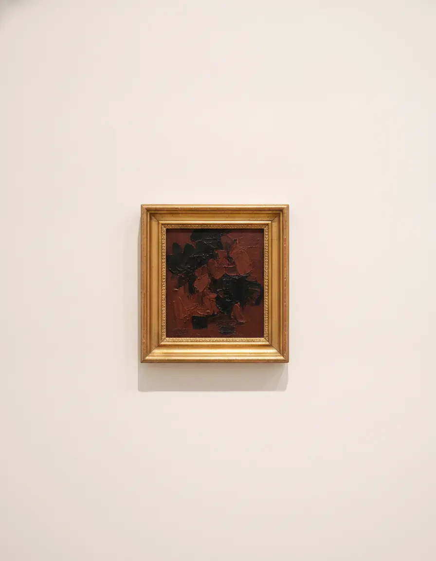 Small intense abstract in crimson-brown and near-black impasto, held in a wide antique gilt frame.
