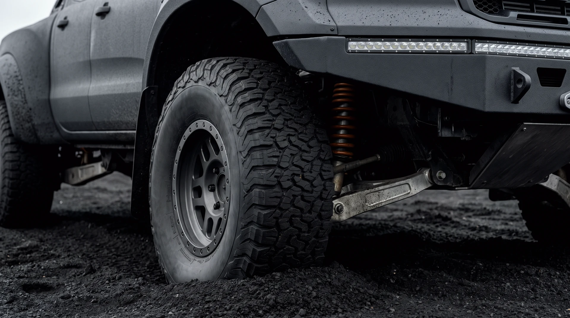 The BREKKA's front suspension at full droop: billet control arms, orange-anodised coilovers, ash dust on every surface.